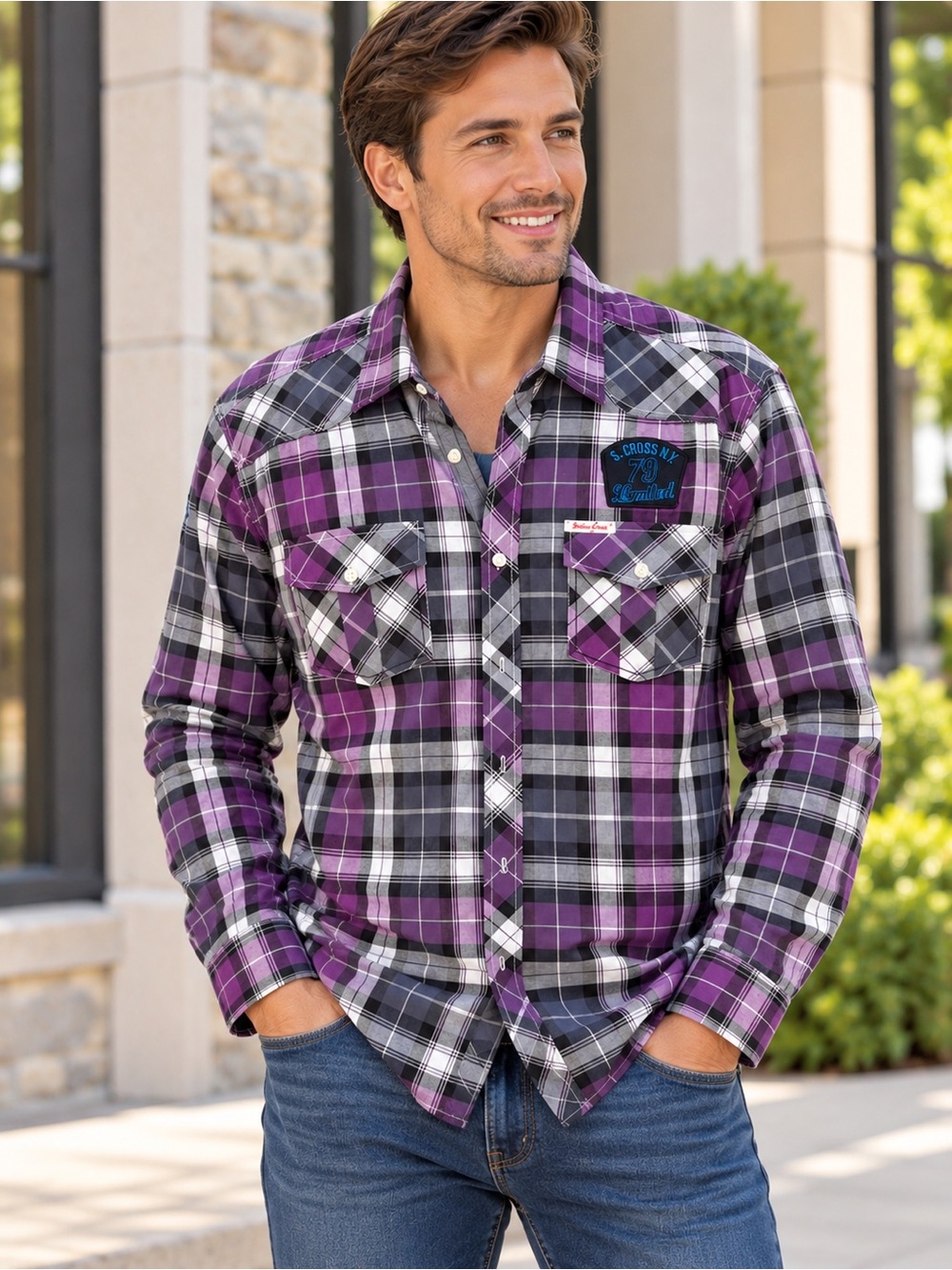 Men's Purple Plaid Button-Down Shirt with Chest Pockets